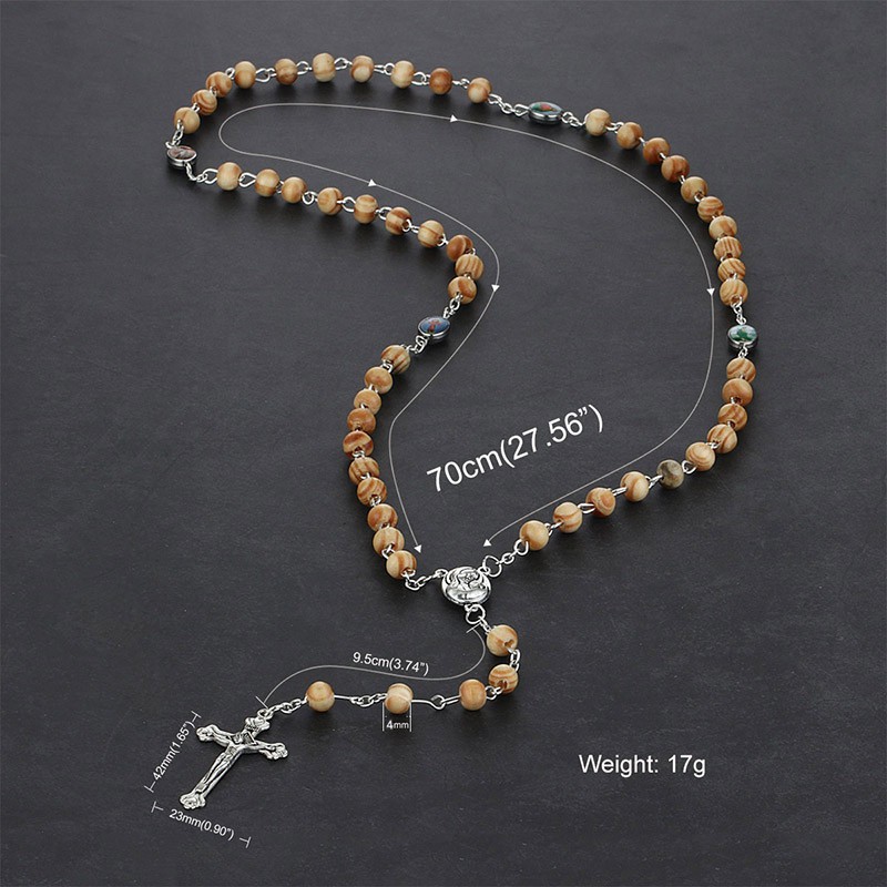 Religious Catholic Jesus Cross Pendant Wooden Beaded Chains Rosary Necklaces
