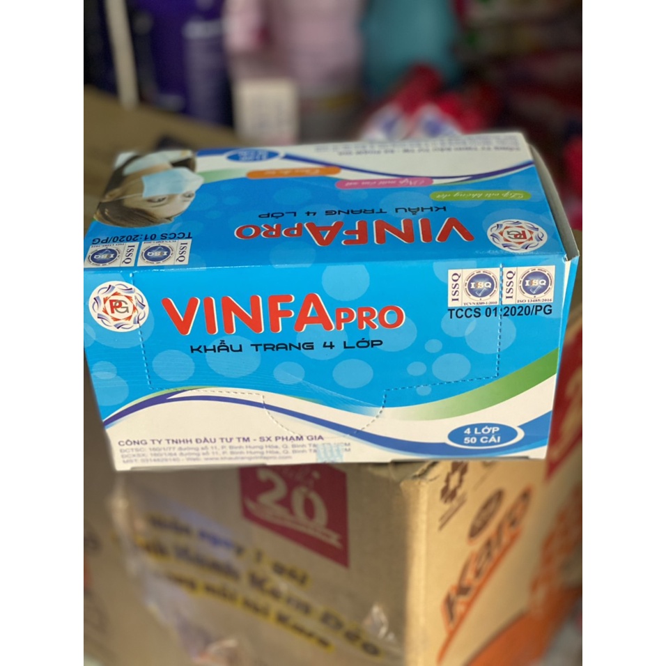 ( Hộp 50 Cái ) Khẩu Trang Y Tế Kháng Khuẩn 4 lớp Cao Cấp Không Thấm Nuớc VINFAPRO
