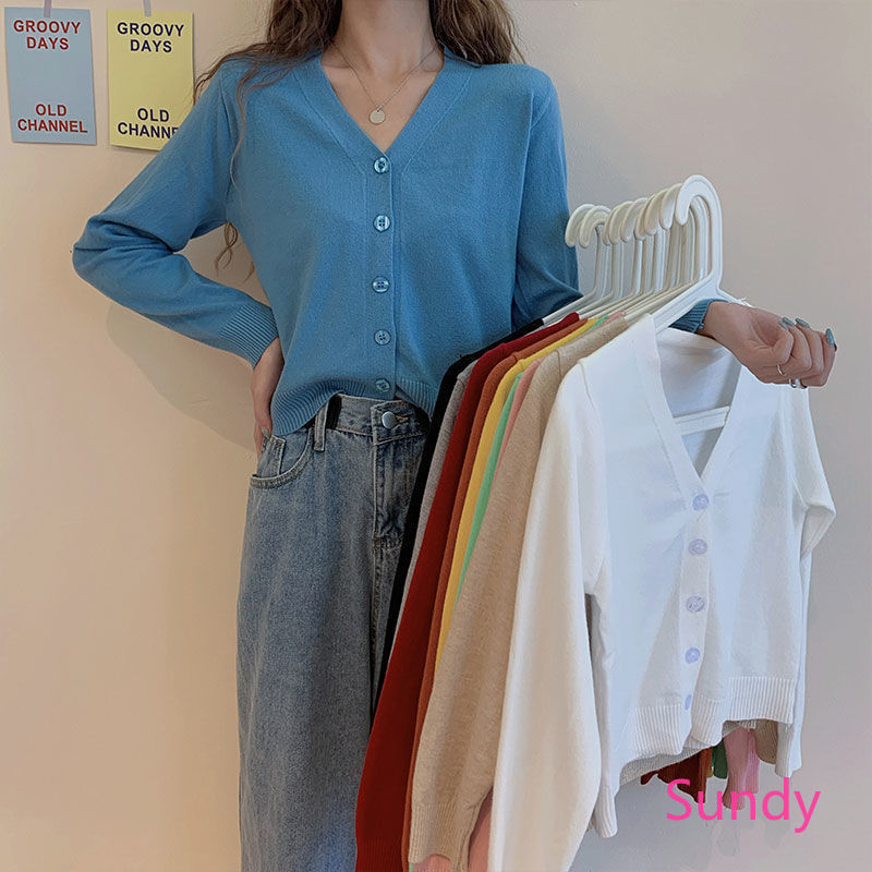Áo Cardigan Dệt Kim Tay Dài Cổ Chữ V Thanh Lịch