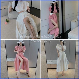 Set Đồ Nữ Đi Chơi MATHOA Set Chân Váy MIDI Xẻ Tà Áo Croptop Dễ Thương Thời Trang Đi Biển Du Lịch Dưới 55kg