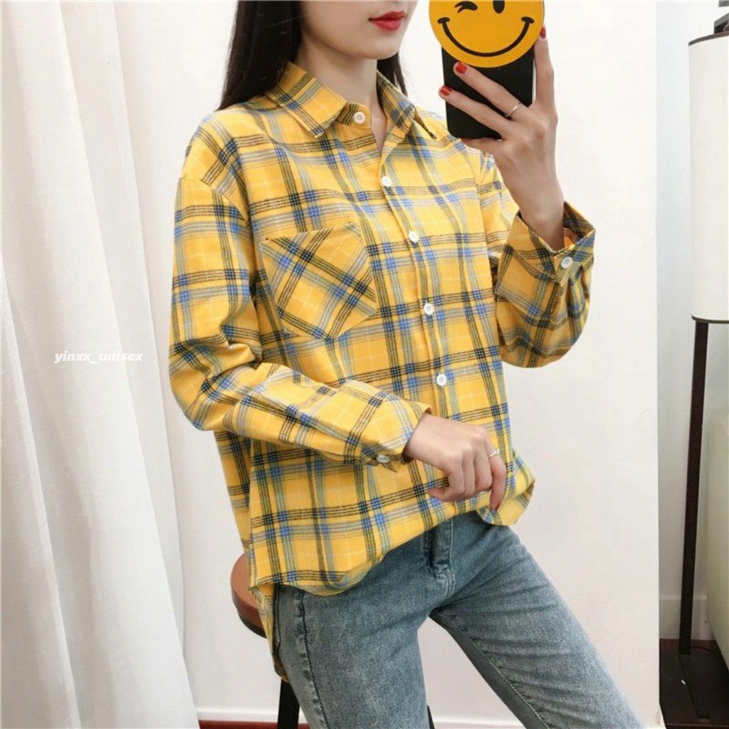 Áo Khoác Sơ Mi Nữ Tay Dài Sọc Caro Form Rộng Unisex