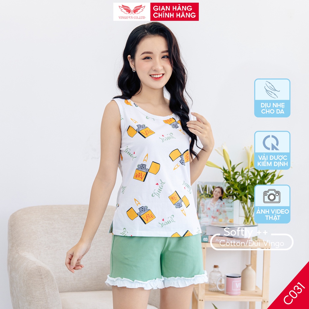 Đồ Bộ Nữ Pijama Mặc Nhà VINGO Chất Cotton Thoáng Mát Áo Ba Lỗ Sát Nách Họa Tiết Quần Cộc Xanh Viền Bèo Mùa Hè C031 VNGO