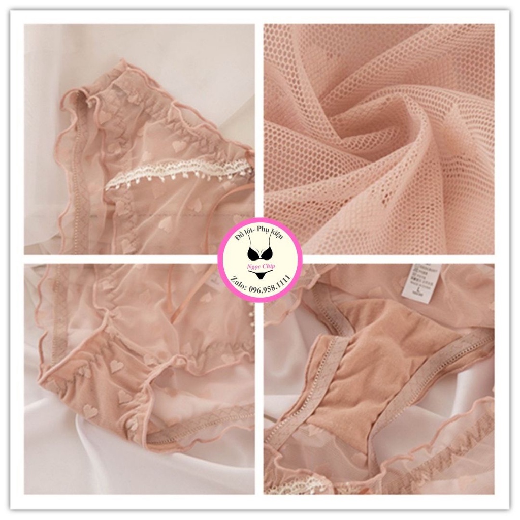 Quần lót nữ ren lưới sexy cao cấp, quần lót kháng khuẩn hoạ tiết trái tim đính nơ xinh Nđ10