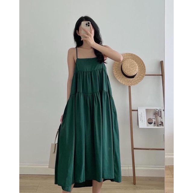 Váy maxi lụa hai dây Xanh tầng mùa hè Váy maxi mặc đi biển năng động Xanh tôn da Váy tầng dáng dài