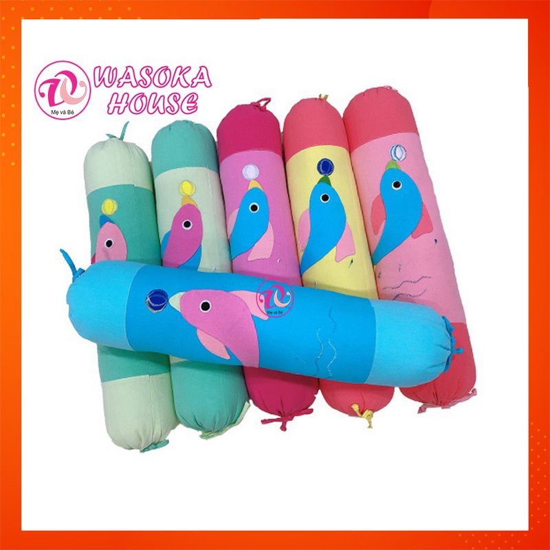Gối ôm cho bé dài 70cm, vải cotton cara mềm mại thoáng mát, họa tiết đắp hình cá đáng yêu, phù hợp cho bé từ 1 tuổi