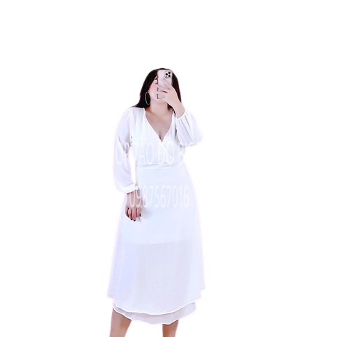 Đầm von bigsize midi tay dài cổ đắp chéo 60-90kg size L-XL-XXL màu đen/ trắng Shop táo đỏ bigsize