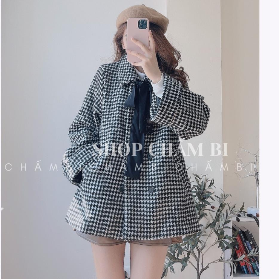 [13.1 trả hàng] Áo dạ kẻ tay rộng A.110, Áo khoác cổ đức cúc dọc nơ đen cực xinh