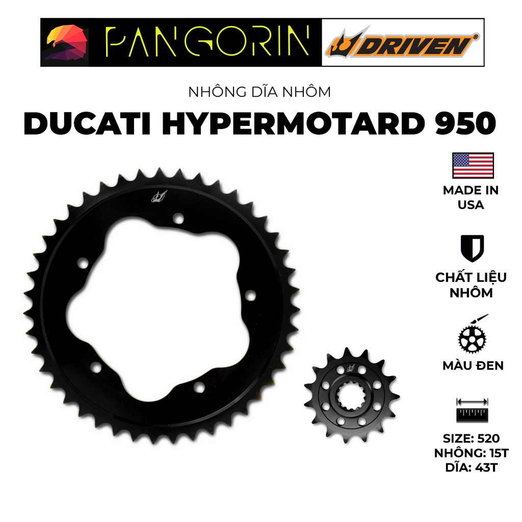 Driven Racing - Nhông dĩa cho xe phân khối lớn mô tô Ducati Hypermotard 950 chất liệu nhôm, màu sắc đen