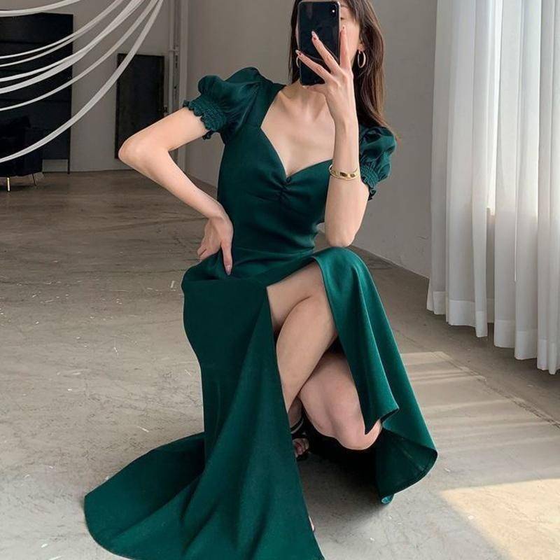 Đầm Dài Tay Phồng Cổ Chữ V Xẻ Tà Màu Đen Thời Trang Mùa Hè Phong Cách Pháp Cổ Điển Quyến Rũ Dành Cho Nữ