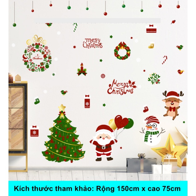Decal dán tường Noel - Ông già noel cầm bóng tim đỏ bên cây thông xanh
