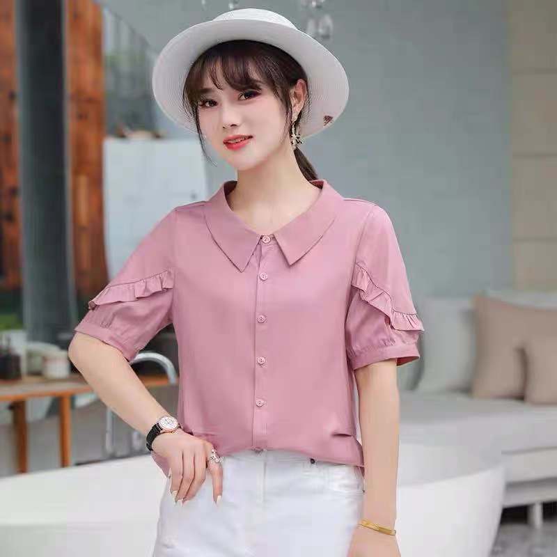 Áo Sơ Mi Voan Tay Ngắn Cổ Bẻ Phối Bèo Màu Xanh Dương Thời Trang Mùa Hè Cho Nữ 0K6I