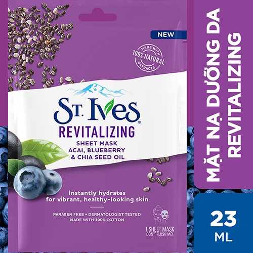 [Mã COSUI5 giảm 8% đơn 150K] Mặt nạ giấy dưỡng da St.Ives Revitalizing Acal, Blueberry &amp; Chia Seed Oil 23ml