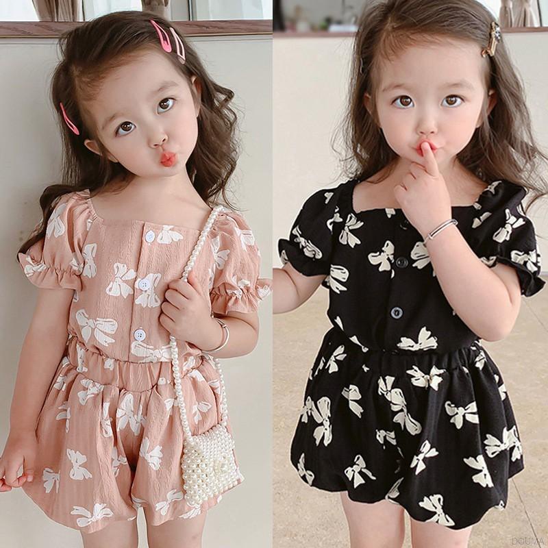 Bộ Áo Cổ Vuông In Họa Tiết + Quần Short Thời Trang Mùa Hè Hàn Quốc Cho Bé Gái