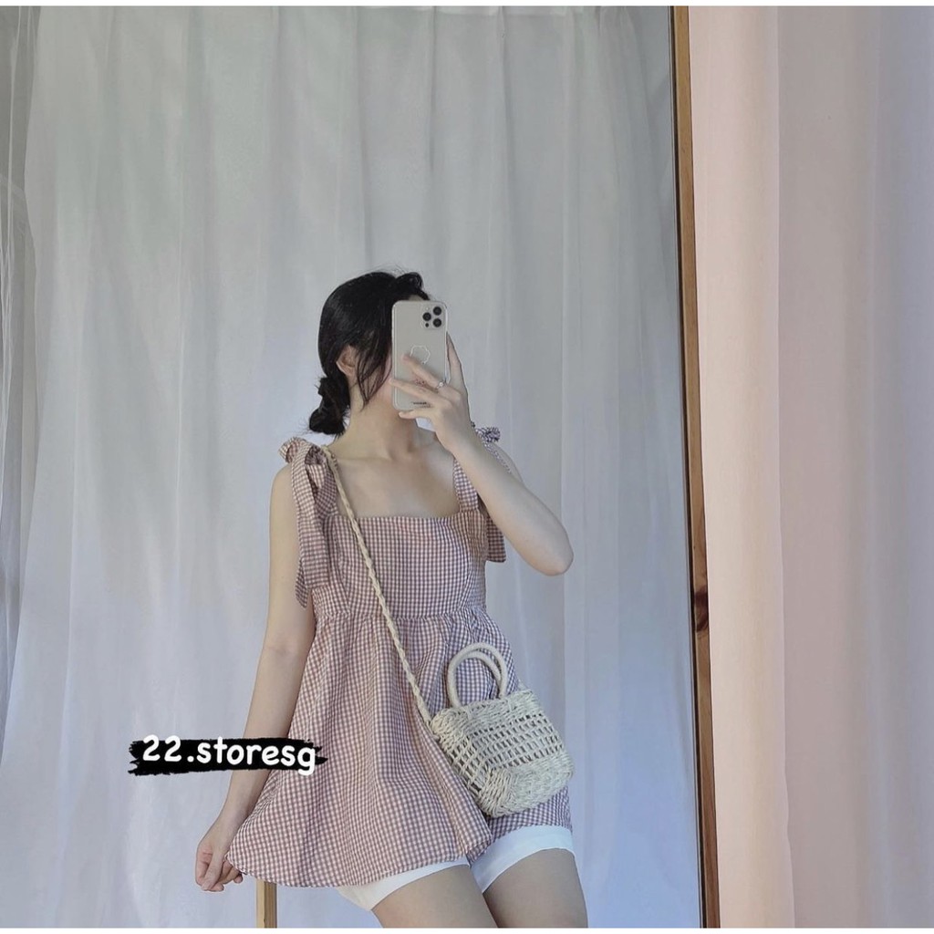 Set áo hai dây babydoll buộc nơ vai kèm quần sooc trắng Ulzzang