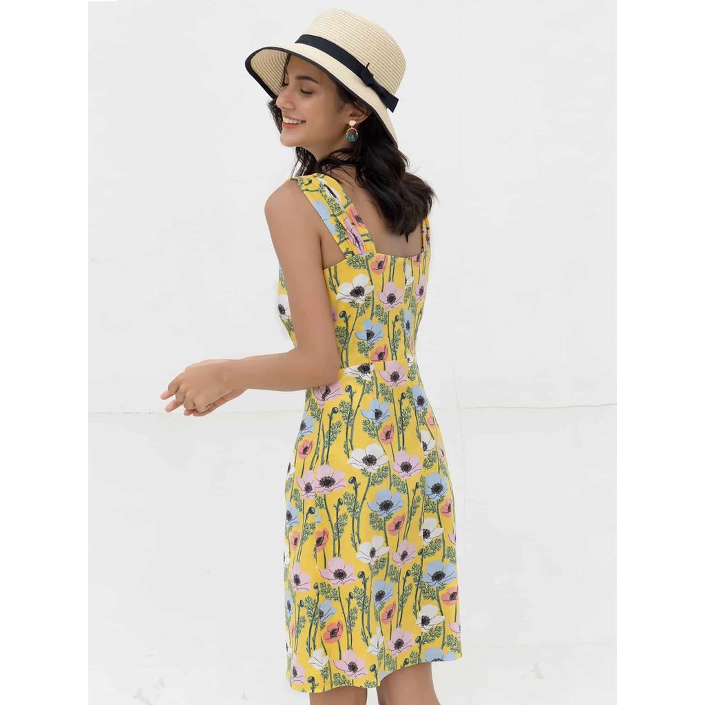 Đầm hoạ tiết nữ YV LE & CO vải linen màu vàng trẻ trung | BigBuy360 - bigbuy360.vn