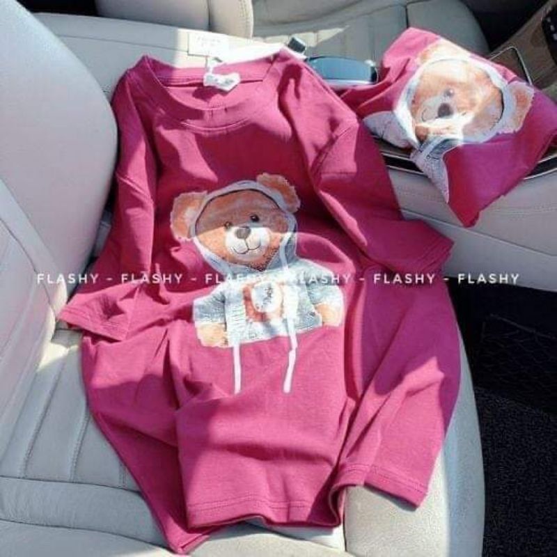 Áo thun unisex phom rộng tay lỡ in hình gấu.áo phông phom rộng dưới 65kg