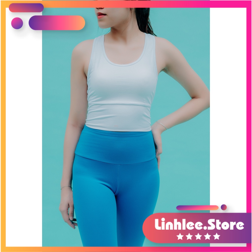 Áo bra thể thao dáng lửng che bụng đan dây sau lưng có sẵn đệm ngực, quần lửng legging cạp cao tập gym,yog