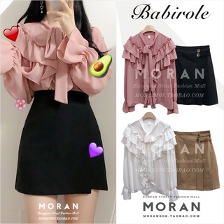 (ORDER) Áo sơ mi dài tay MORAN cổ thắt nơ phối bèo 2 tầng điệu đà tiểu thư Hàn Quốc sang trọng