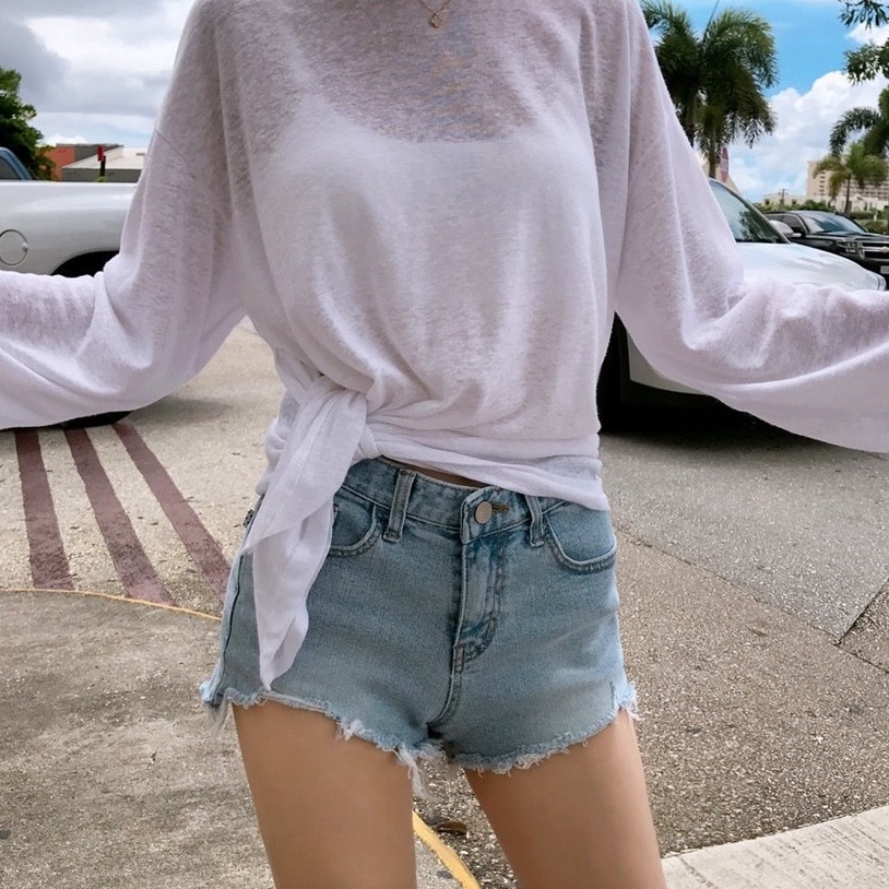 Áo thun ZHELIHANGFEI tay dài cổ tròn dáng rộng thiết kế xẻ tà thời trang