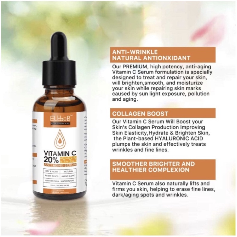Serum trắng da mờ nám Premium 20% Vitamin C / Hyaluroic ELBBUB 30ml USA