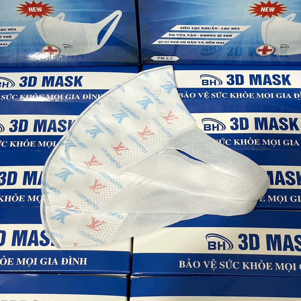 Khẩu trang 3D Mask LV hoa hộp 50 cái có logo tem niêm phong, đạt tiêu chuẩn ISO khẩu trang y tế