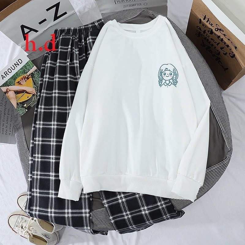 Sét áo nỉ cô gái in xanh +quần kẻ ô HĐ11, Áo nỉ Unisex from rộng, Chất nỉ ấm mặc không xù, thiết kế phong cách - MODY