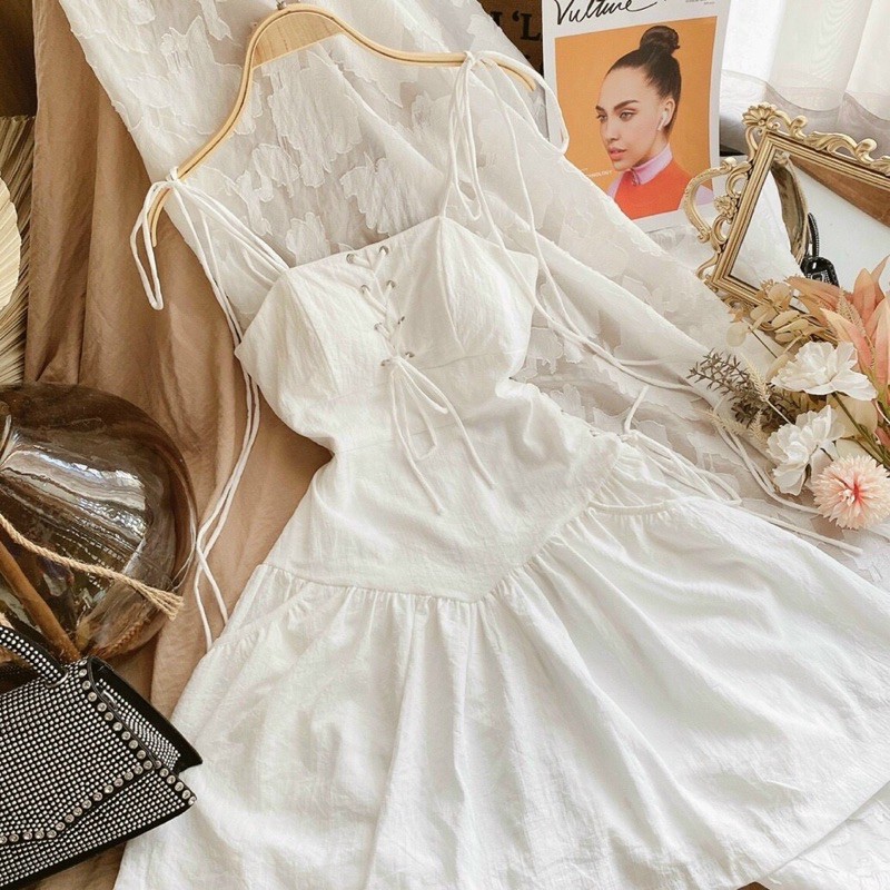 ẢNH THẬT TRẢI SÀN - ĐẦM TRẮNG 2S CỘT VAI ĐAN DÂY NGỰC