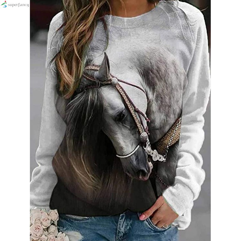 Women's Casual Horse Fun Print Sweatshirt Pullover Loose Long Sleeve Round Neck Blouse for Every Day