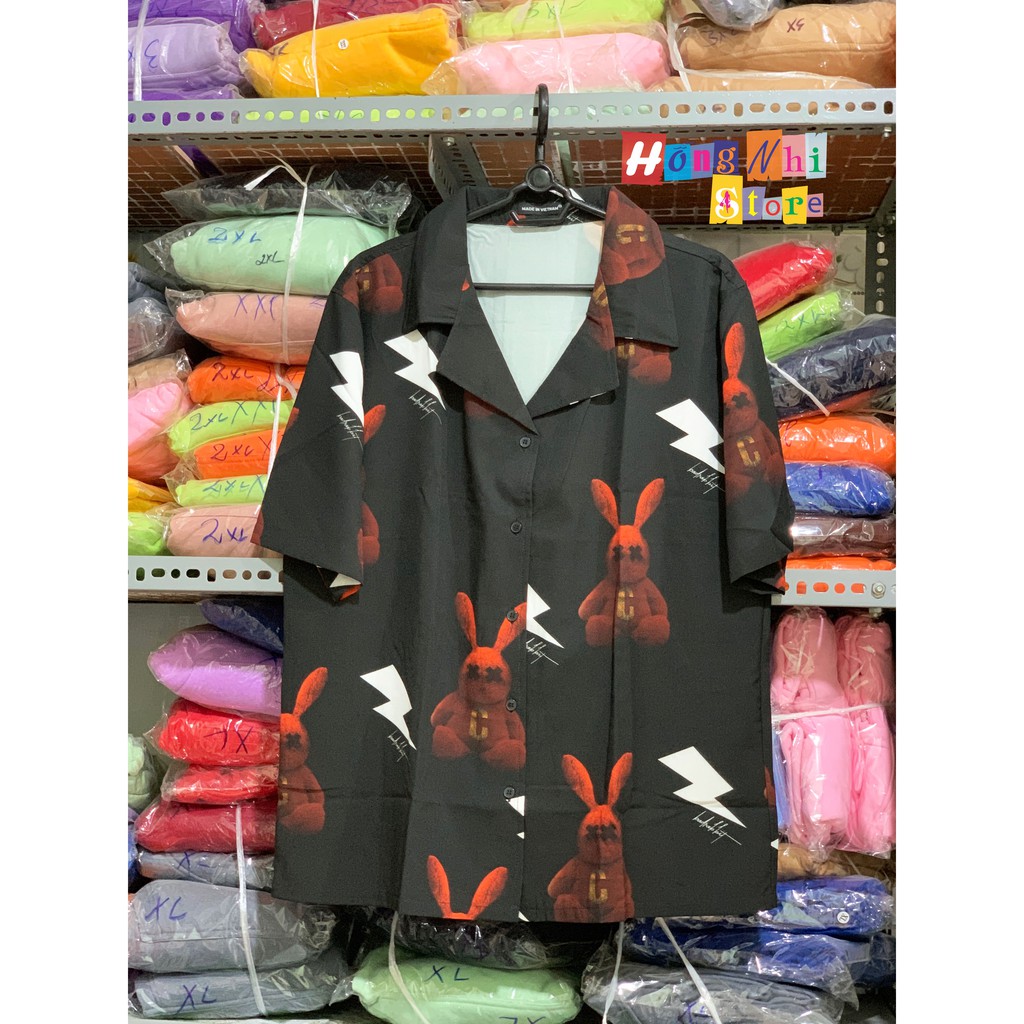 Áo sơ mi hoạ tiết tay lỡ dáng rộng, sơ mi hoa đi biển, sơ mi đen hình thỏ tay lửng unisex - mm | BigBuy360 - bigbuy360.vn