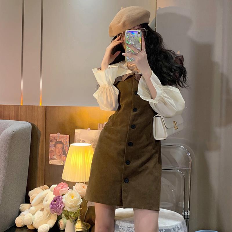 Đầm tay dài giả hai lớp phong cách retro thời trang mùa đông 2021 dành cho nữ