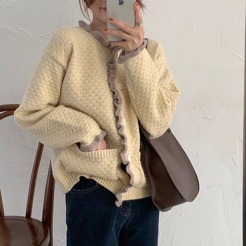 Áo khoác Cardigan dệt kim cổ tròn tay dài dáng rộng phong cách Hàn Quốc mới