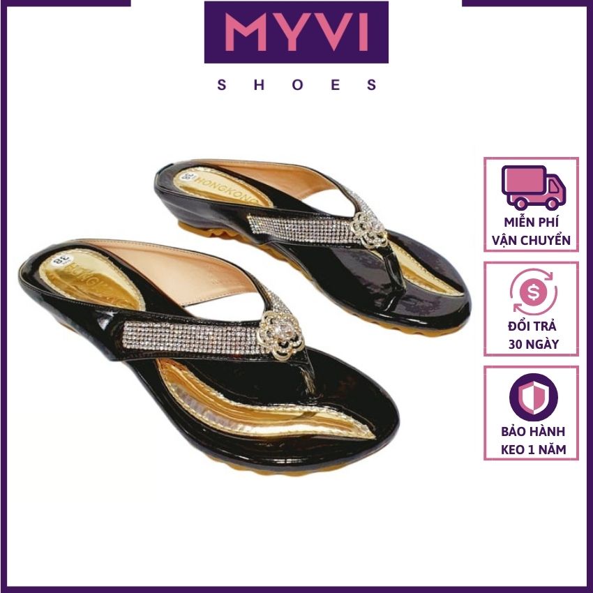 Dép Kẹp Xỏ Ngón Đế Xuồng Cao 3cm Nữ Trung Niên, Đính Xoàn Hoa Mai (Đen) - MyVi Shoes