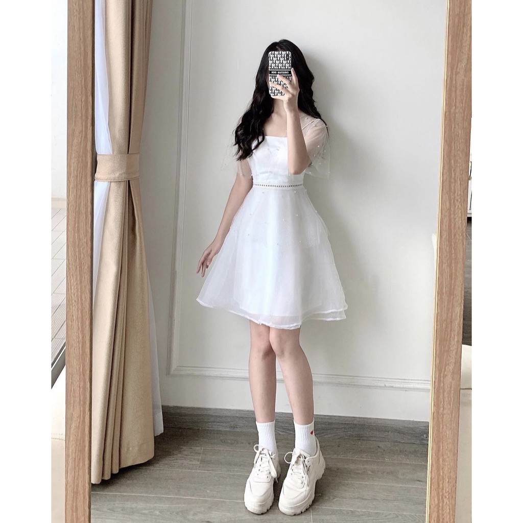 [CÓ MÚT NGỰC] Đầm dự tiệc trắng xòe dạo phố xòe phối kim tuyến vải may 2 lớp siêu dày dặn [Her clothing] | BigBuy360 - bigbuy360.vn