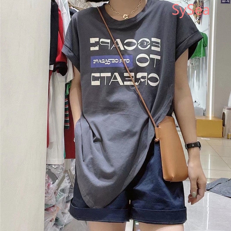 Áo Thun Tay Ngắn In Chữ Thiết Kế Bất Đối Xứng Phong Cách Hàn Quốc Trẻ Trung Cho Nữ