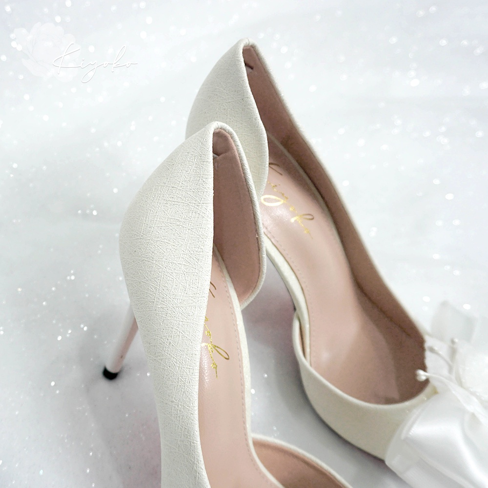 Giày cưới Kiyoko hở eo đính nơ satin 2 tầng cao 9cm