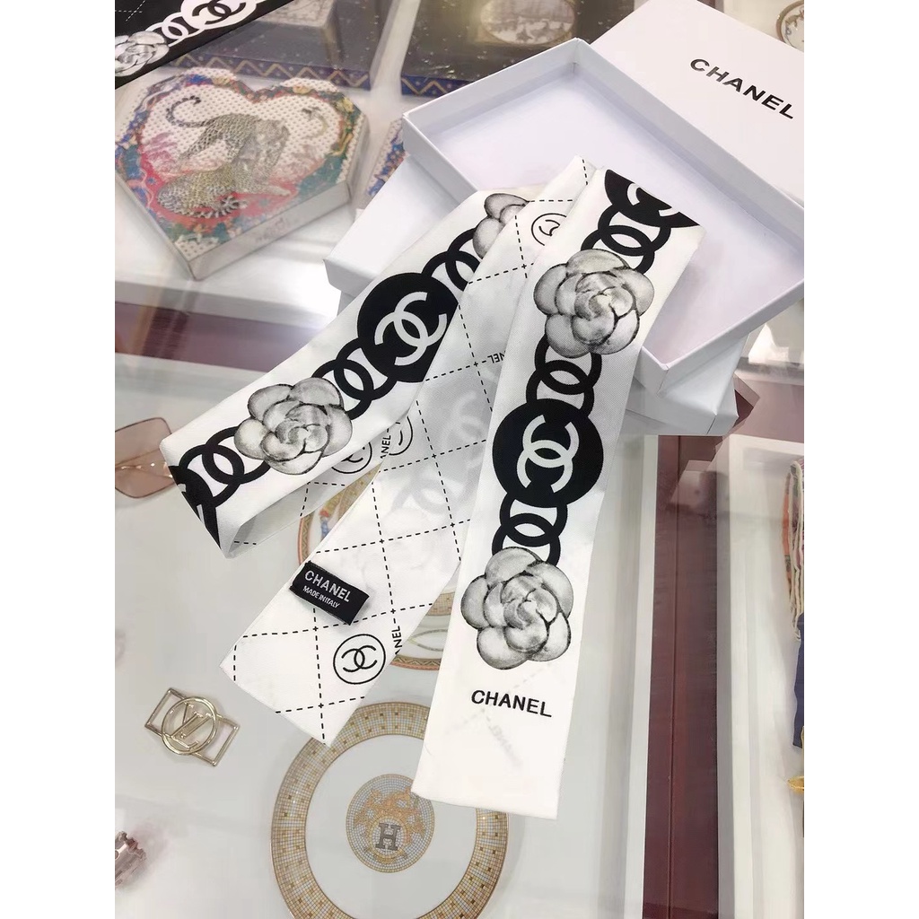 Khăn Choàng Cổ / Khăn Quàng Cổ / Túi Xách Vải Lụa In Họa Tiết Hoa Trà Và Chữ Thời Trang Cho Nữ Đen