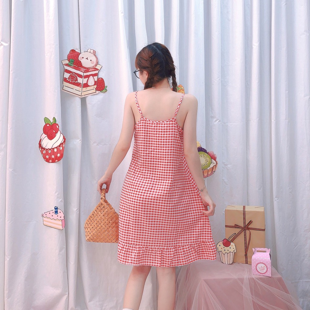 Đầm ngủ 2 dây kro 2 dây họa tiết caro 4 màu - Chất liệu siêu nhẹ cực mát ( khoen kro ) VD-04 | BigBuy360 - bigbuy360.vn
