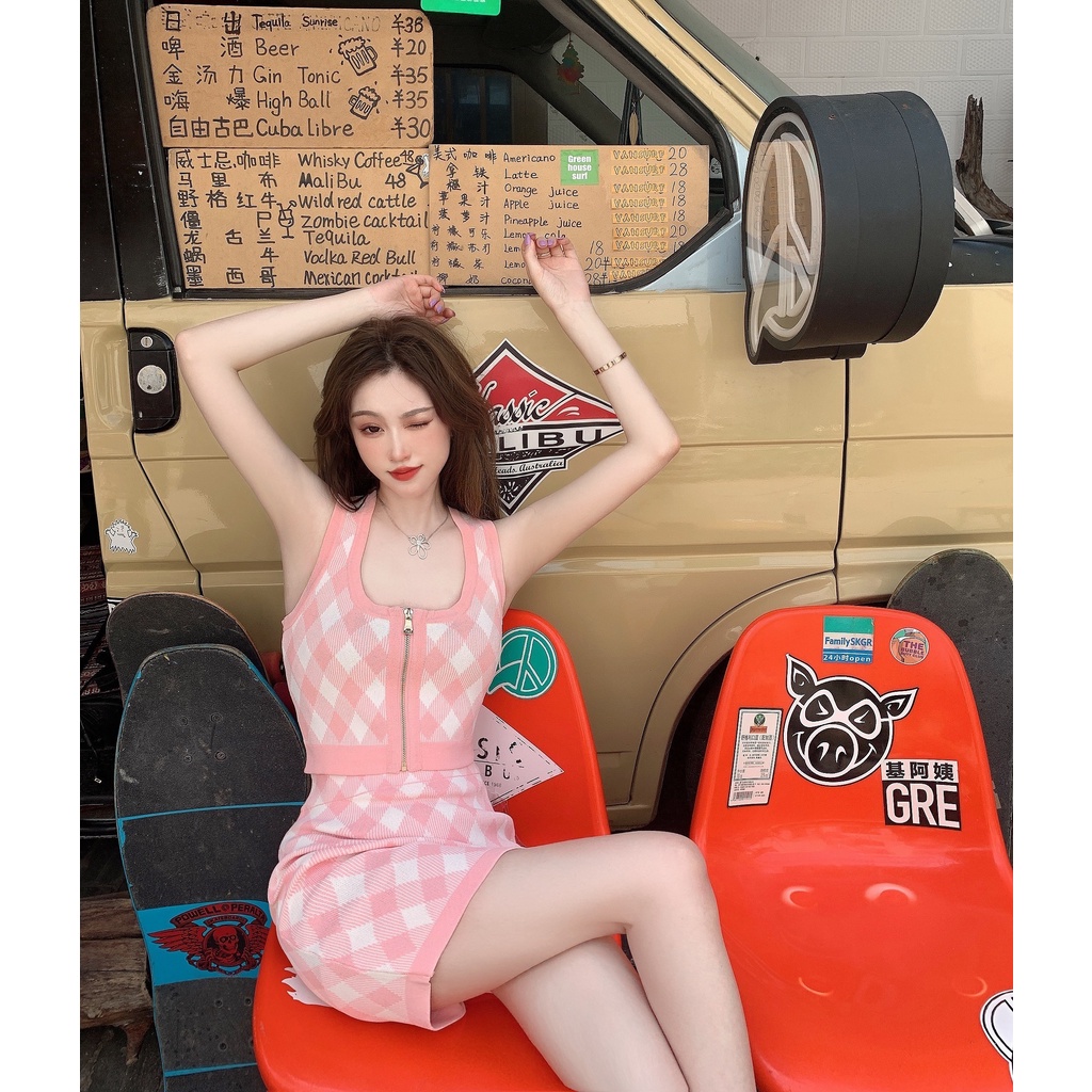 Bộ áo len sát nách và chân váy ZHELIHANGFEI màu hồng họa tiết kẻ sọc caro thời trang dành cho nữ