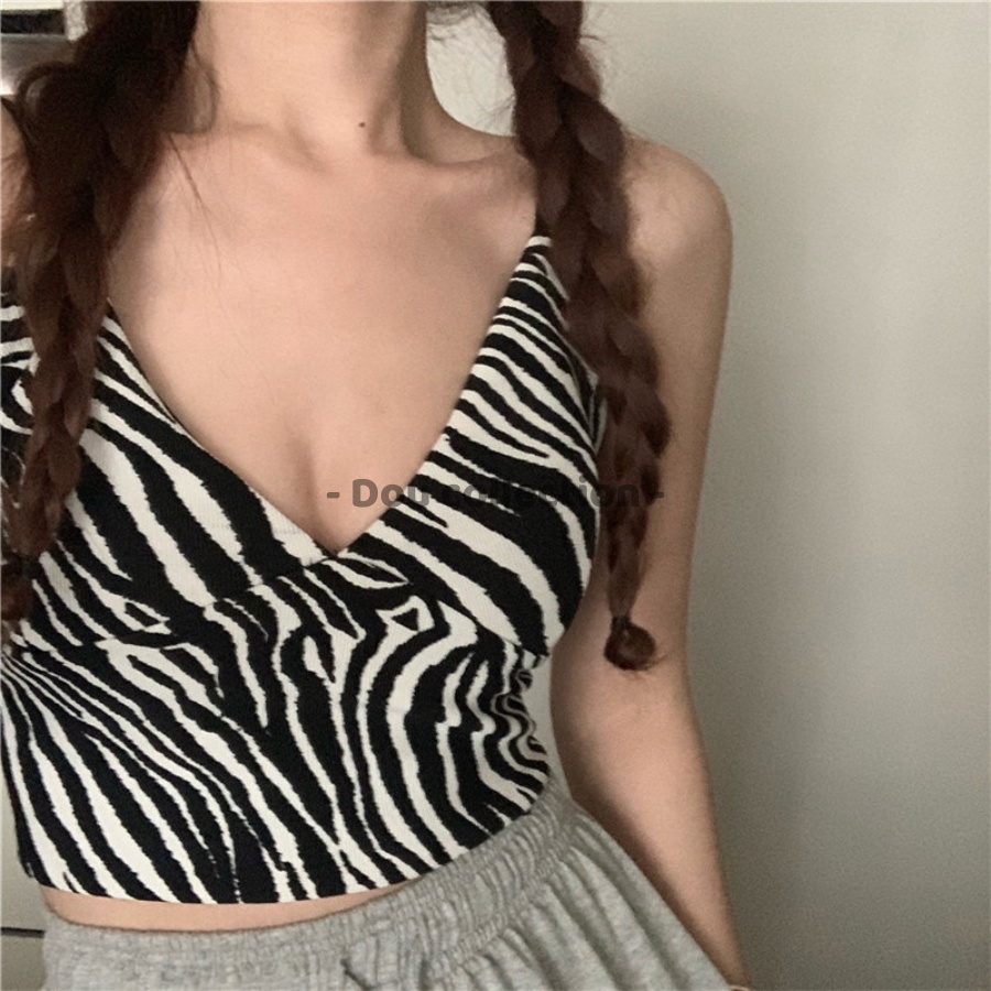 Áo Hai Dây Cổ V Họa Tiết Vằn Dáng Croptop Co Giãn Phong Cách Hàn Quốc - Dou Collection - Mã TA037