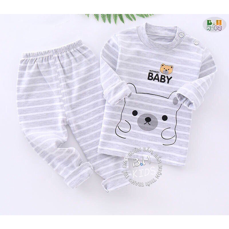 Bộ Áo Thun Lạnh Dài Tay Kẻ Ngang Hoạ Tiết Hình Gấu Cho Bé Trai, Bé Gái- 5 màu