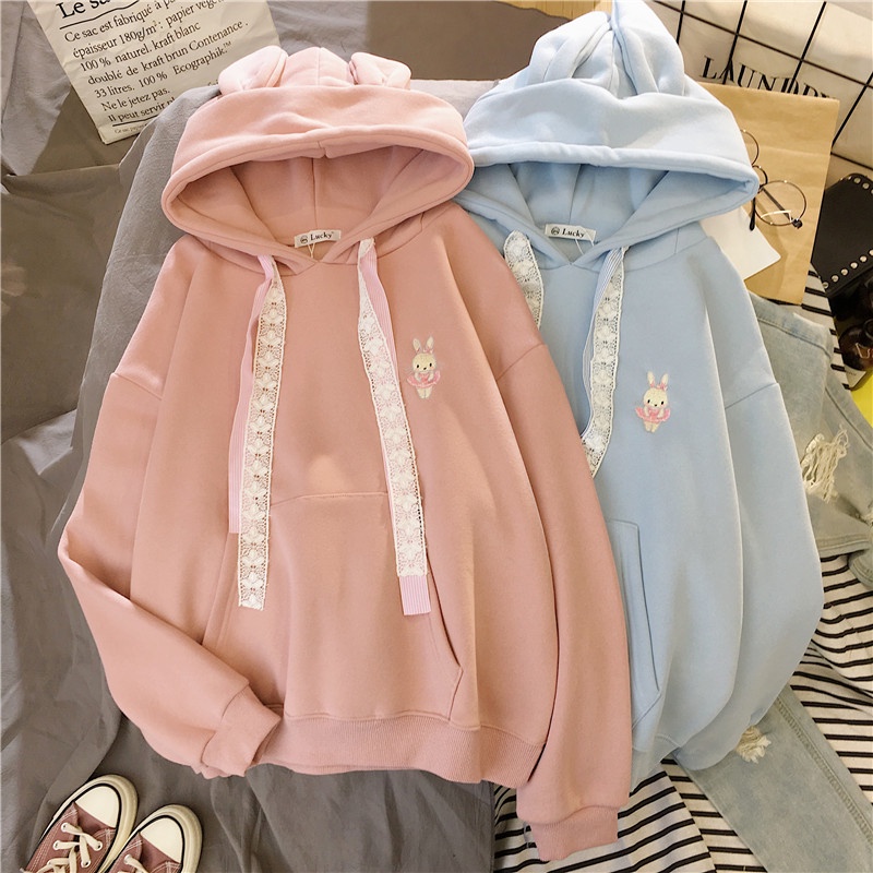 Áo hoodies có nón dài tay thêu hình tai thỏ dễ thương