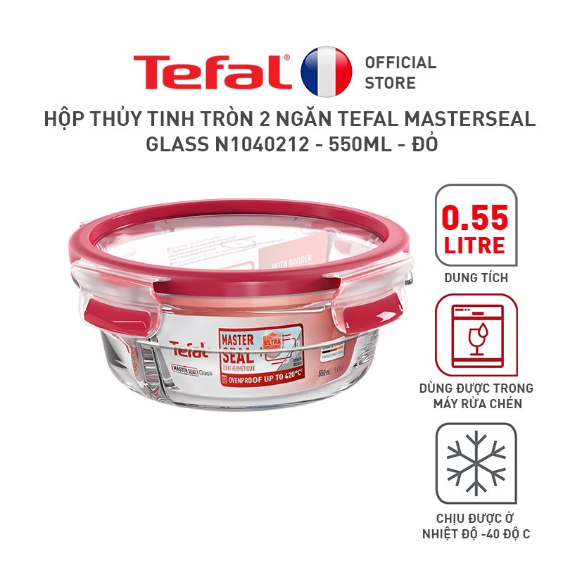 [GIFT] Hộp thủy tinh tròn 2 ngăn Tefal Masterseal Glass N1040212 - 550ml - đỏ