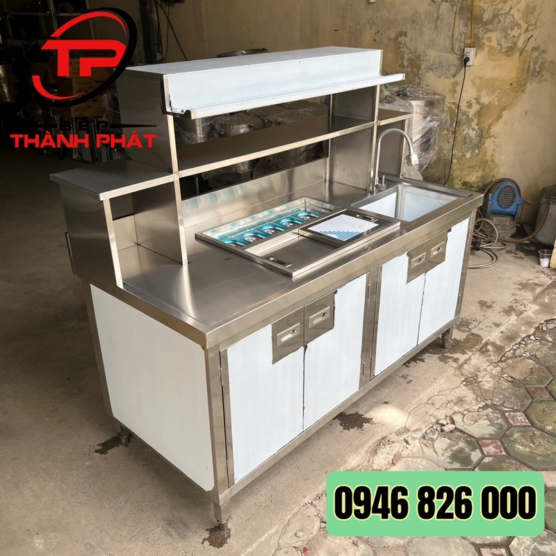 Quầy pha chế inox 1.6m, Thùng đá kèm 5 khay topping