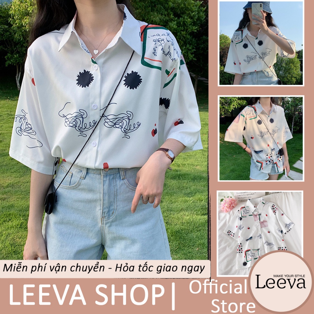 [Mã FATHANG5 giảm 10K đơn 50K] LEEVA - Áo sơ mi nữ đơn giản họa tiết dáng rộng phong cách Hàn Quốc: Trắng bi