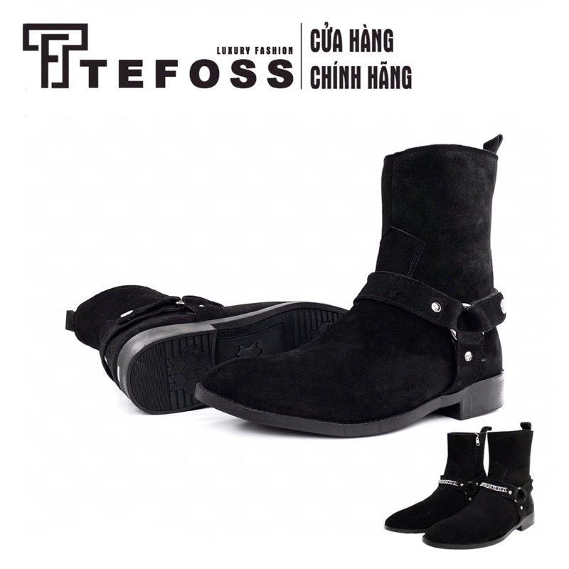 Giày nam chelsea boot da bò thật Harness Boot TEFOSS HT799 size 38-44- Da lộn đen mũi nhọn thời trang