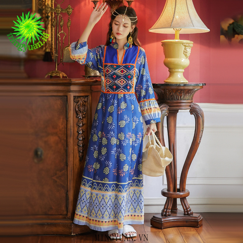 ( Mingyuan ) New retro ethnic heavy industry embroidery printing slim dress