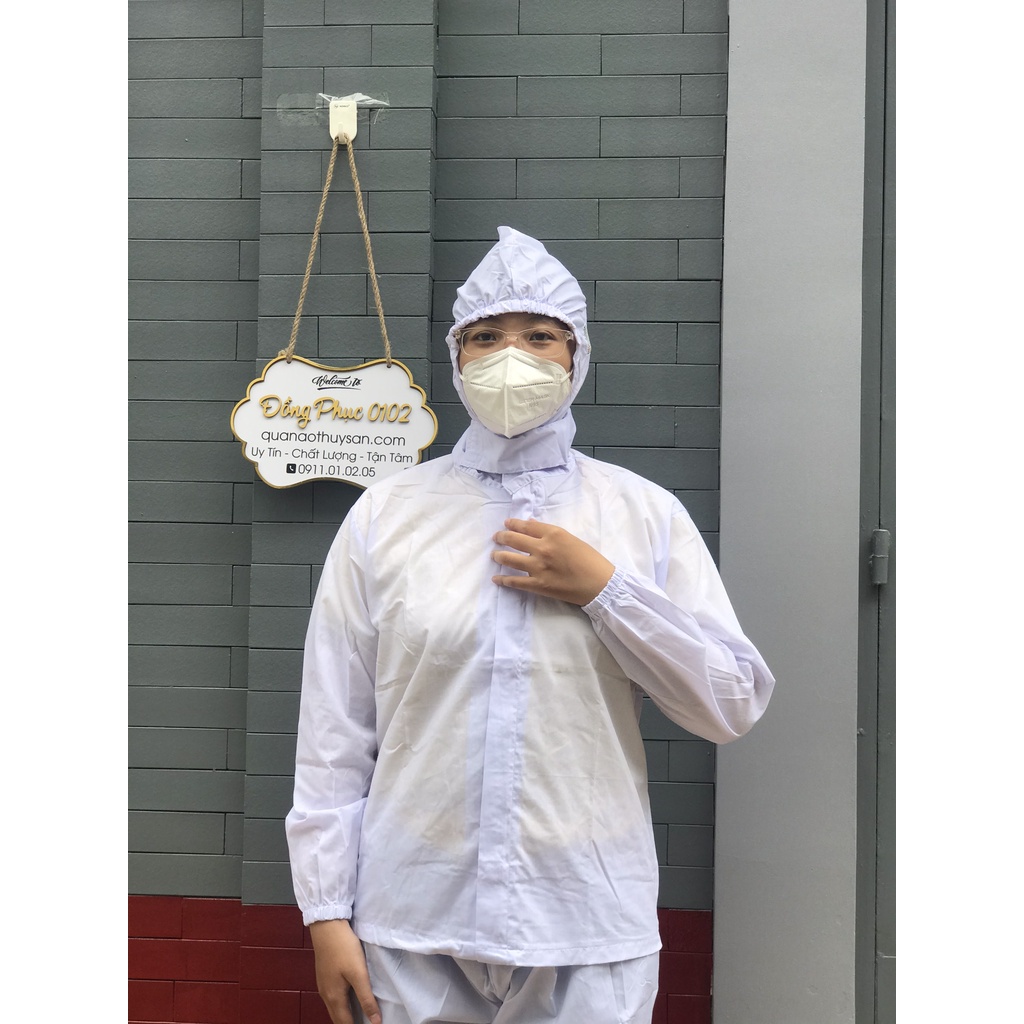 Quần áo thủy sản kate thường + nón cho công nhân chế biến thủy sản, thực phẩm, xưởng sản xuất trực tiếp hàng có sẵn
