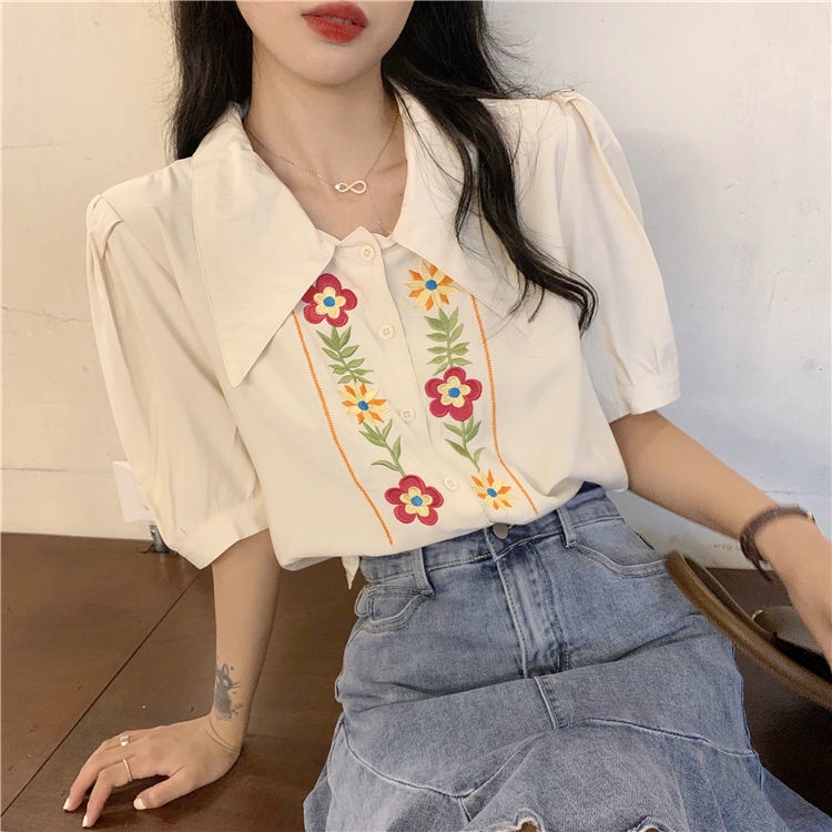 Áo Sơ Mi Tay Ngắn Dáng Rộng Thêu Hoa Thời Trang Mùa Hè Mới Cho Nữ