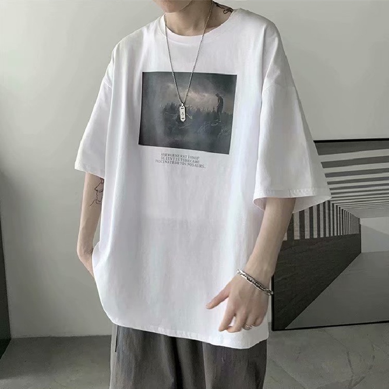 Áo thun tay ngắn dáng rộng in họa tiết thời trang phong cách Hàn Quốc cho nam size M-5XL