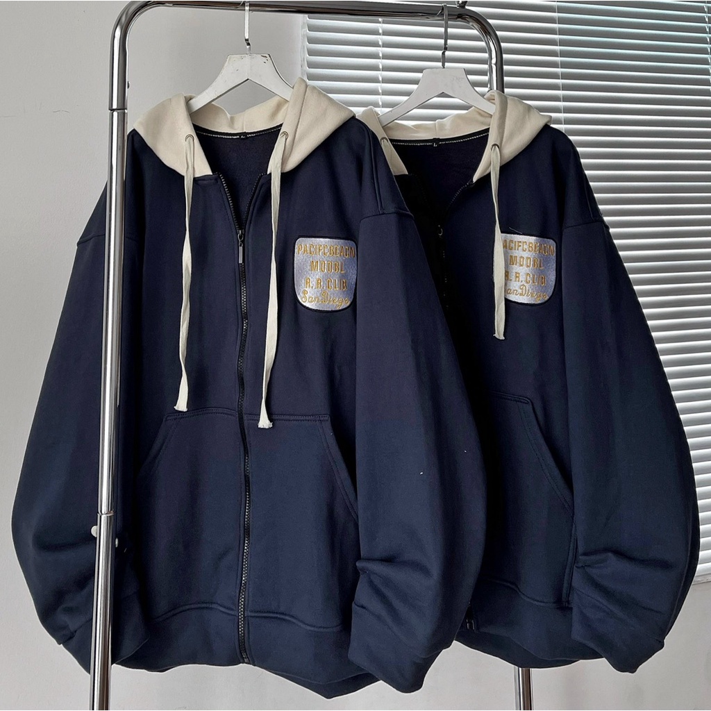 Áo hoodie SANDIEGO vải nỉ xanh phối mũ trắng kiểu dáng unisex